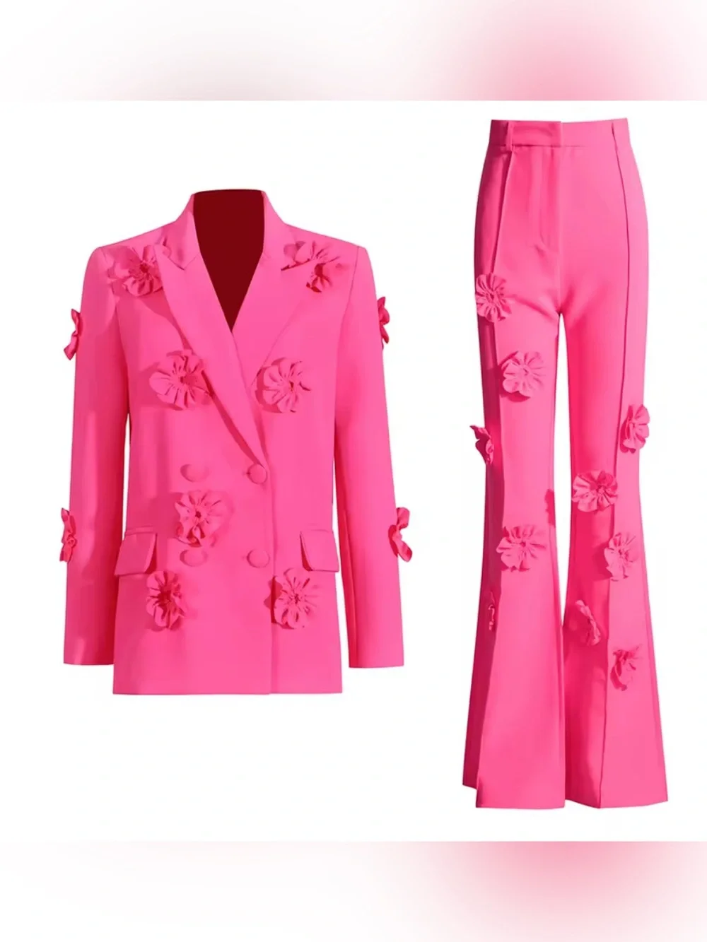 NEW $385 HIG END Mia Blanc Bright Pink Floral Double-Breasted Blazer Suit